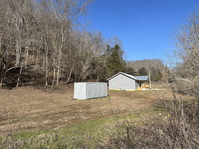 view of yard featuring a storage unit