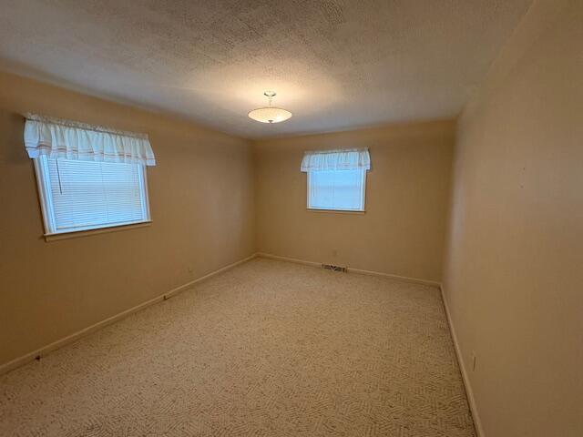 carpeted empty room featuring a textured ceiling