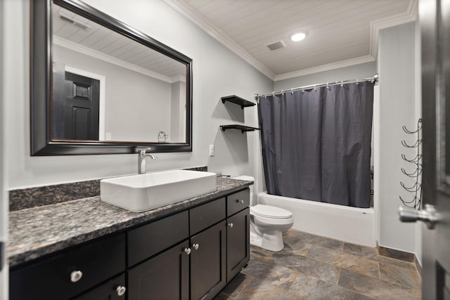 full bathroom featuring shower / bath combination with curtain, vanity, crown molding, and toilet