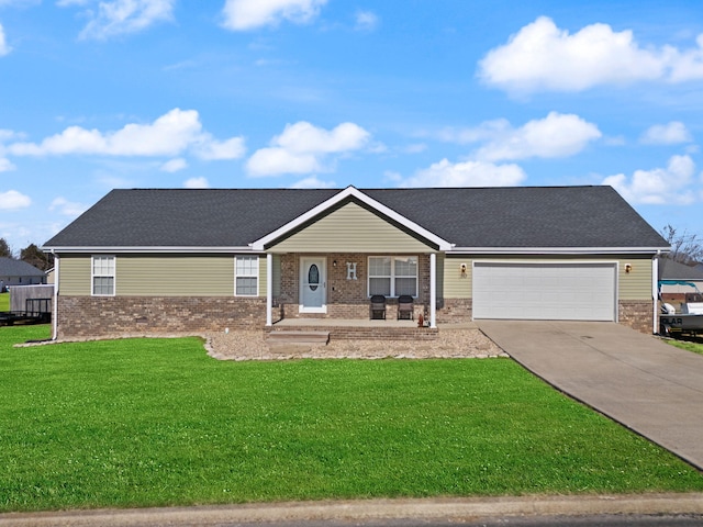 single story home featuring a porch, a garage, and a front lawn