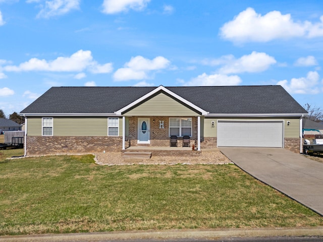 single story home featuring a garage, a front yard, and a porch