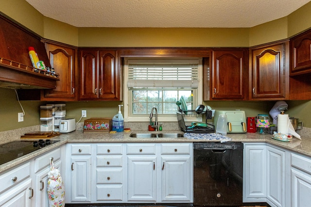 kitchen featuring a textured ceiling, a sink, white cabinets, light countertops, and black appliances