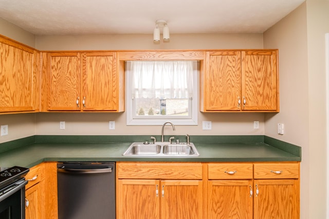 kitchen featuring dishwasher, brown cabinetry, dark countertops, and a sink