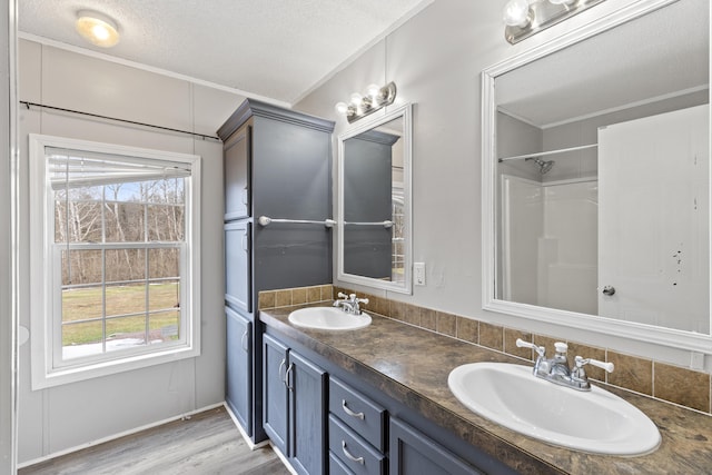 bathroom featuring vanity, hardwood / wood-style floors, a textured ceiling, and a healthy amount of sunlight