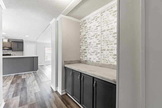 kitchen featuring crown molding, dark hardwood / wood-style floors, a textured ceiling, and backsplash