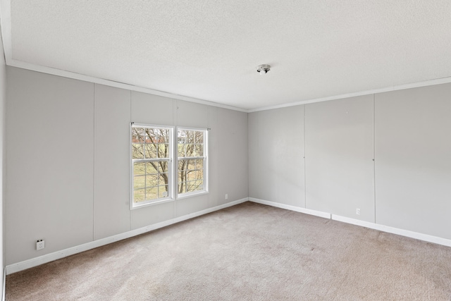 carpeted spare room featuring crown molding and a textured ceiling