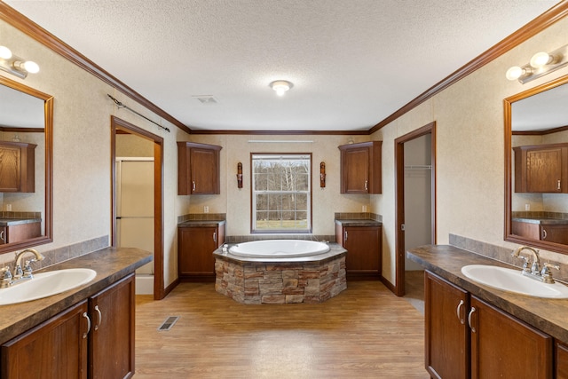 bathroom featuring vanity, hardwood / wood-style floors, and a textured ceiling