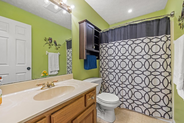 bathroom featuring vanity, toilet, tile patterned floors, a textured ceiling, and a shower with curtain