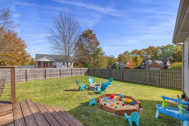 view of yard featuring a deck and an outdoor fire pit