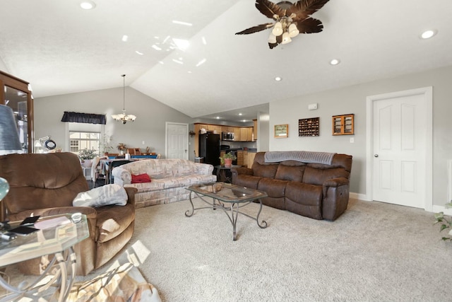 carpeted living room with lofted ceiling and ceiling fan with notable chandelier