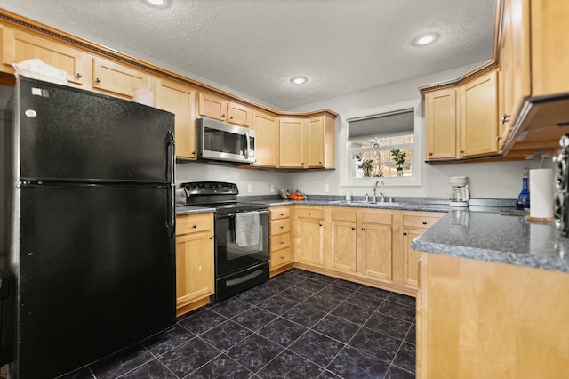 kitchen featuring sink, light brown cabinets, a textured ceiling, and black appliances