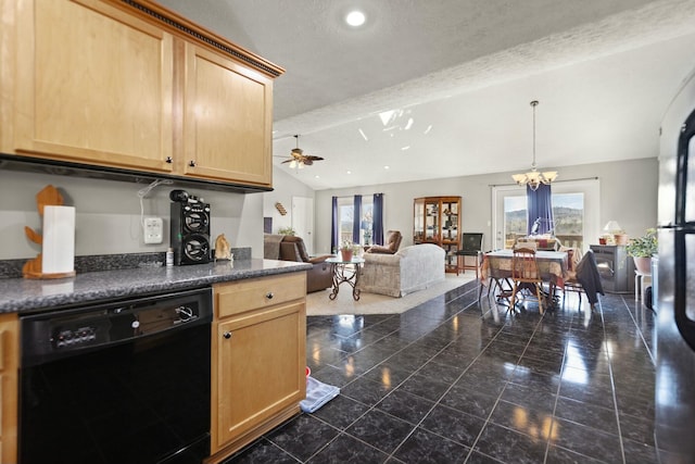 kitchen with dishwasher, vaulted ceiling, light brown cabinets, and a textured ceiling