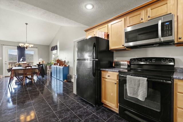 kitchen featuring lofted ceiling, hanging light fixtures, a notable chandelier, black appliances, and light brown cabinets