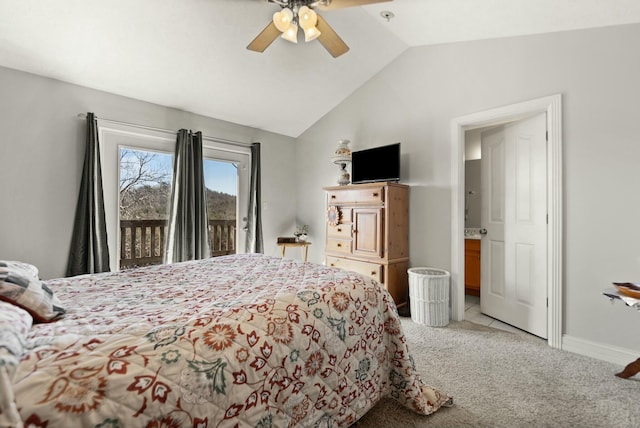 carpeted bedroom featuring lofted ceiling, access to outside, and ceiling fan