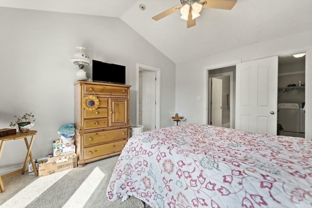 carpeted bedroom featuring ceiling fan, independent washer and dryer, and lofted ceiling