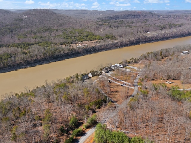 aerial view featuring a water and mountain view