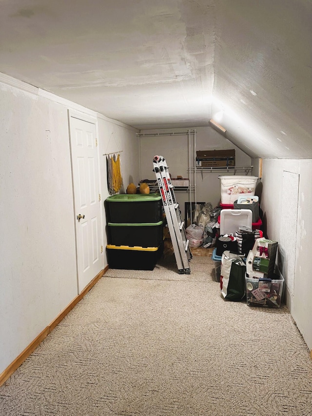 interior space with vaulted ceiling and carpet