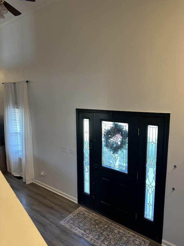 foyer entrance featuring crown molding, ceiling fan, and dark hardwood / wood-style flooring