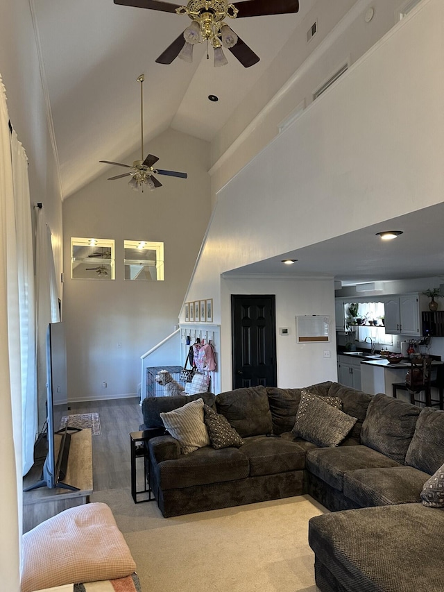 living room with hardwood / wood-style floors, high vaulted ceiling, and sink