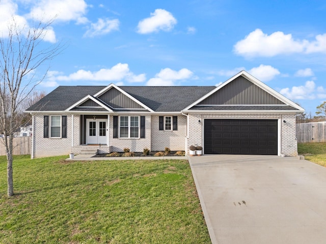 view of front of property with an attached garage, brick siding, fence, concrete driveway, and a front yard