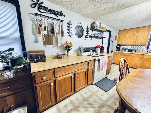 6002 Edmonton Rd, Columbia, KY 42728 - kitchen featuring light floors, white range with electric cooktop, light countertops, brown cabinets, and a textured ceiling
