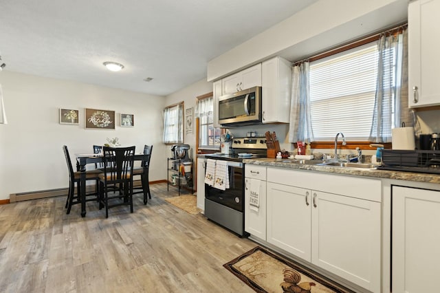 kitchen featuring white cabinetry, sink, light wood-type flooring, and appliances with stainless steel finishes