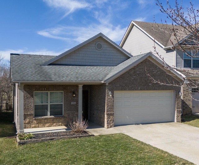 ranch-style home featuring driveway, brick siding, roof with shingles, and an attached garage