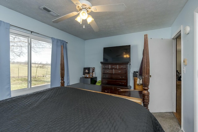 bedroom with multiple windows, ceiling fan, and a textured ceiling