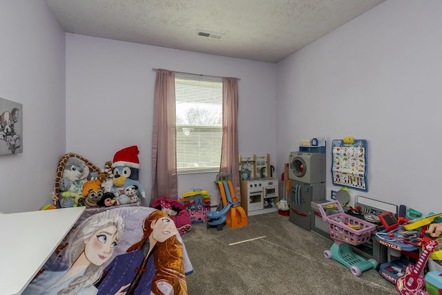 carpeted bedroom featuring a textured ceiling