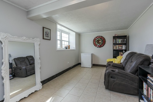 sitting room with crown molding, a textured ceiling, and light tile patterned floors