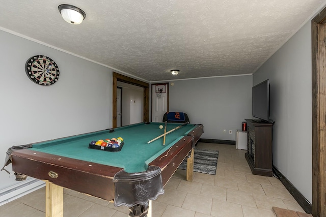 rec room with crown molding, pool table, and a textured ceiling