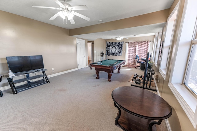 recreation room featuring a ceiling fan, carpet flooring, billiards, and baseboards