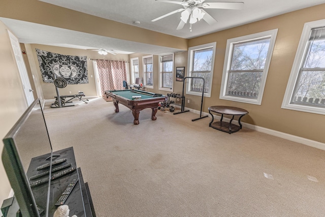 rec room featuring pool table, plenty of natural light, carpet flooring, and baseboards