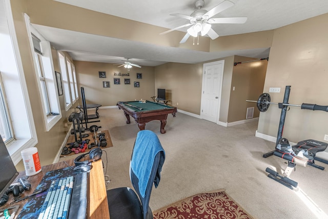 playroom with pool table, light colored carpet, visible vents, ceiling fan, and baseboards