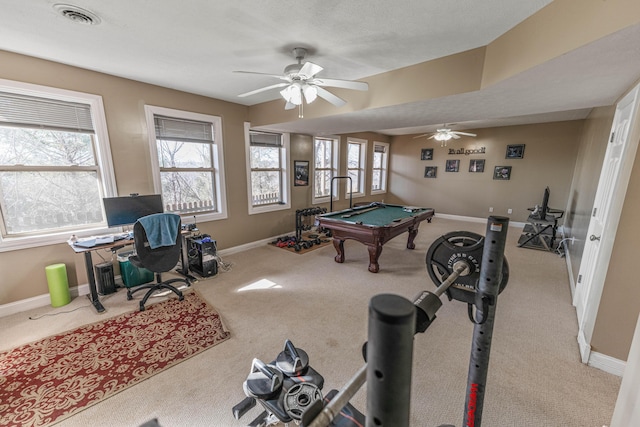 rec room with light colored carpet, visible vents, billiards, and baseboards