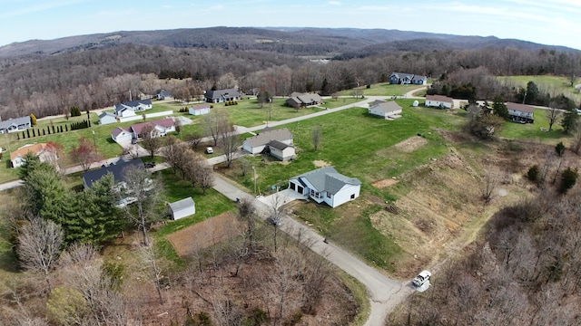 birds eye view of property with a mountain view and a view of trees