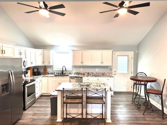 kitchen featuring a sink, light stone countertops, appliances with stainless steel finishes, and ceiling fan