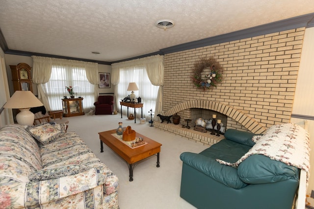 living room featuring carpet, ornamental molding, a textured ceiling, brick wall, and a brick fireplace