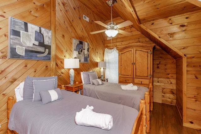 bedroom with beam ceiling, wood ceiling, wooden walls, and dark wood-type flooring