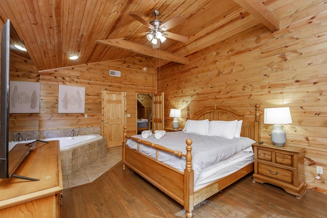 bedroom featuring vaulted ceiling with beams, hardwood / wood-style floors, wooden ceiling, and wooden walls