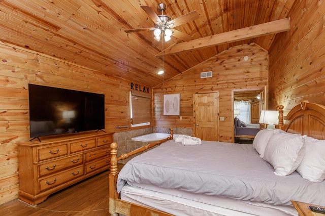 bedroom with wooden ceiling, lofted ceiling with beams, hardwood / wood-style floors, and wood walls