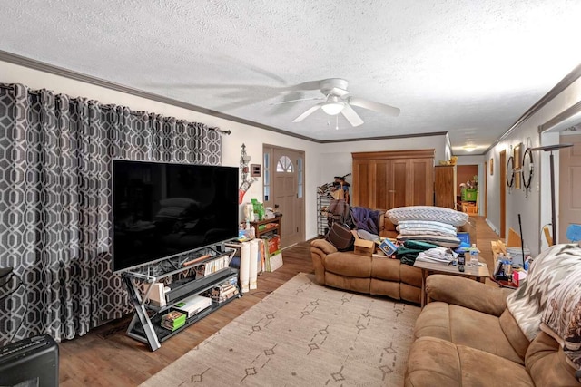 living room with crown molding, wood-type flooring, and a textured ceiling