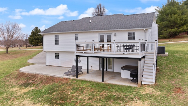 349 Sycamore Dr, Bronston, KY 42518 - back of house with a patio, a lawn, cooling unit, french doors, and a wooden deck