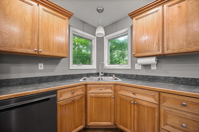312 Avawam Dr, Richmond, KY 40475 - kitchen featuring a sink, dishwashing machine, dark countertops, hanging light fixtures, and brown cabinets