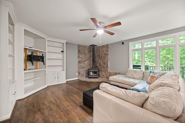 312 Avawam Dr, Richmond, KY 40475 - living area with a ceiling fan, a wood stove, dark wood-style flooring, and built in features