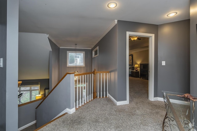 312 Avawam Dr, Richmond, KY 40475 - hallway featuring carpet flooring, an upstairs landing, crown molding, and baseboards