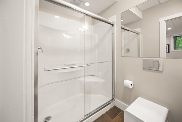 312 Avawam Dr, Richmond, KY 40475 - bathroom featuring wood finished floors, a shower stall, recessed lighting, and baseboards