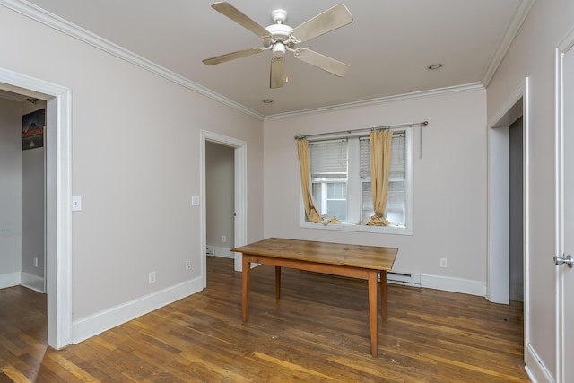 unfurnished office with crown molding, dark wood-type flooring, and ceiling fan