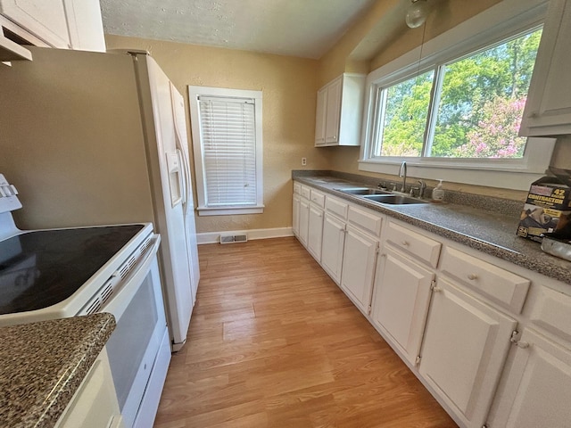 kitchen with white cabinetry, sink, white range with electric stovetop, and light wood-type flooring