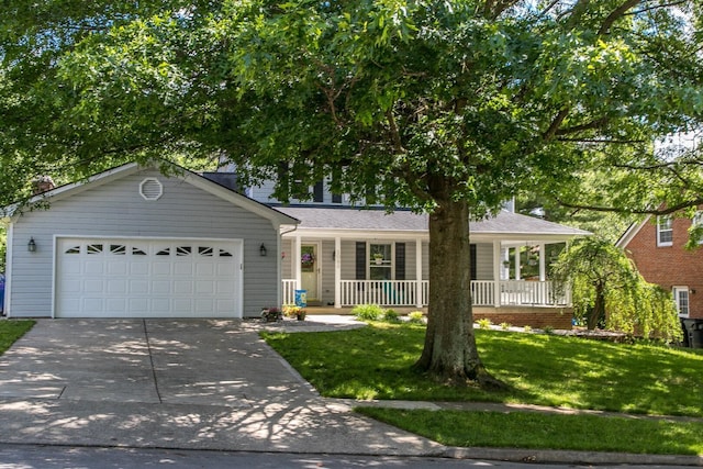 ranch-style home with a porch, a garage, and a front lawn